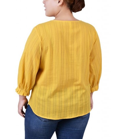 Plus Size 3/4 Sleeve Button Placket Jacquard Blouse Yellow $14.20 Tops