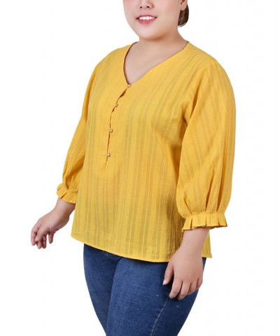 Plus Size 3/4 Sleeve Button Placket Jacquard Blouse Yellow $14.20 Tops