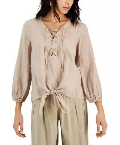 Women's Lace-Up Tie-Hem Linen Blouse Tan/Beige $20.68 Tops