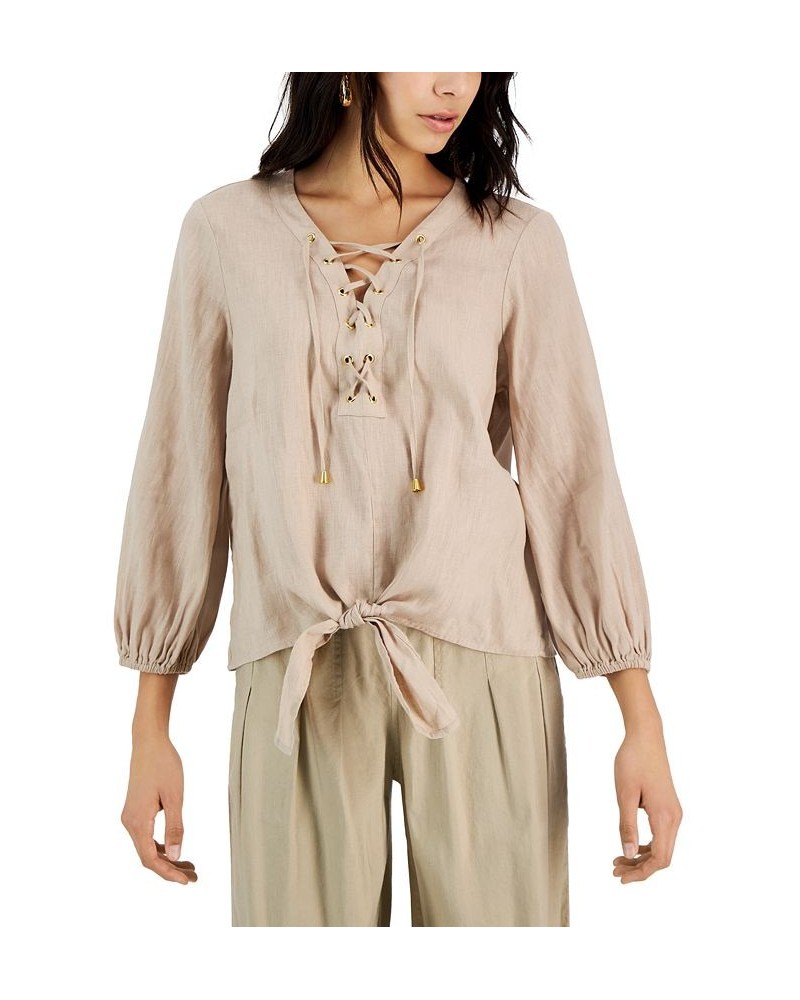 Women's Lace-Up Tie-Hem Linen Blouse Tan/Beige $20.68 Tops