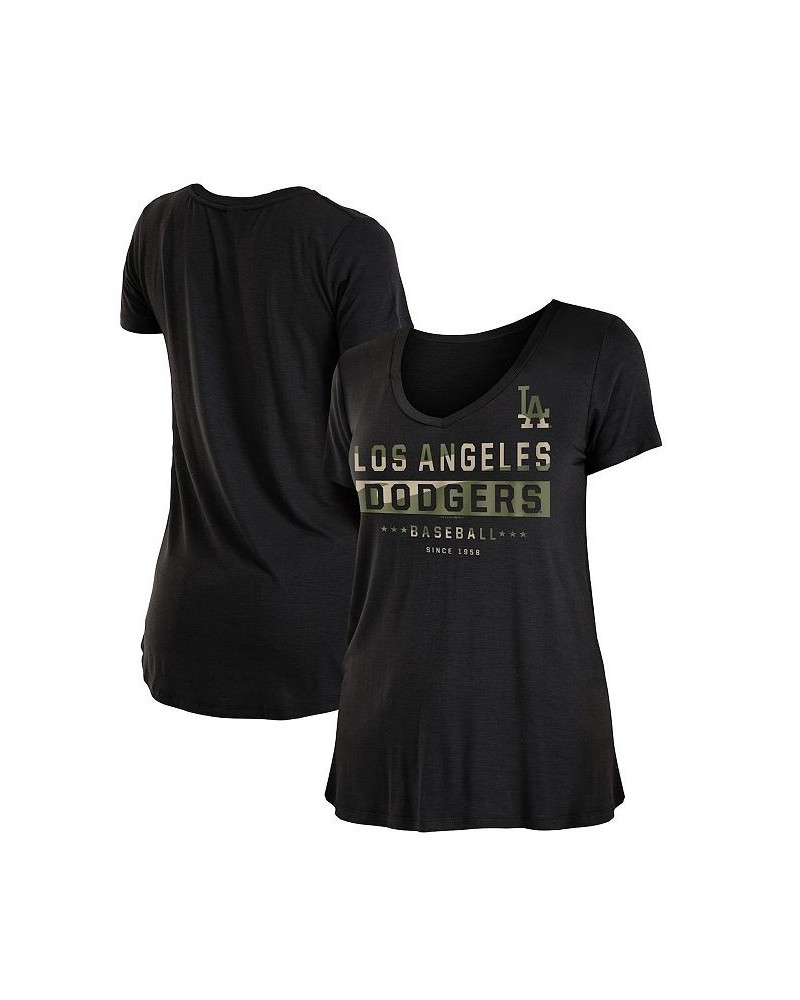 Women's Black Los Angeles Dodgers 2021 Armed Forces Day Brushed V-Neck T-shirt Black $12.40 Tops