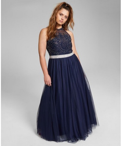 Trendy Juniors' Plus Size Embellished Mesh Gown Navy $59.50 Dresses