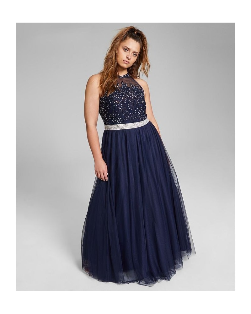 Trendy Juniors' Plus Size Embellished Mesh Gown Navy $59.50 Dresses