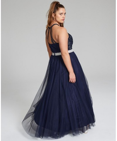 Trendy Juniors' Plus Size Embellished Mesh Gown Navy $59.50 Dresses