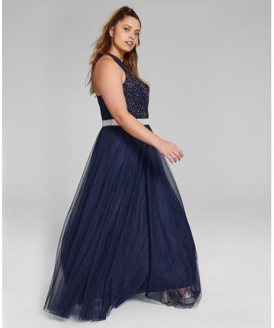 Trendy Juniors' Plus Size Embellished Mesh Gown Navy $59.50 Dresses