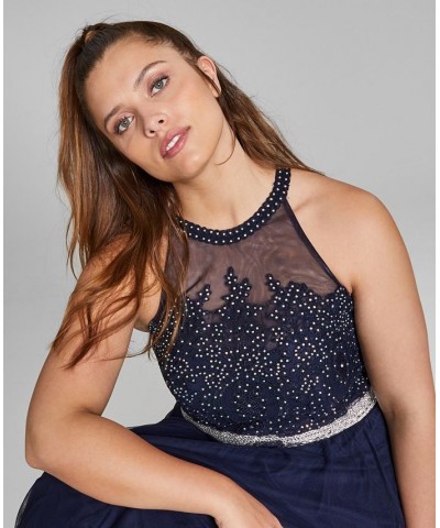 Trendy Juniors' Plus Size Embellished Mesh Gown Navy $59.50 Dresses