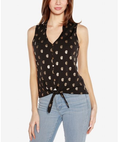 Black Label Petite Paisley Print Tie Front Sleeveless Top Black, Gold $35.20 Tops