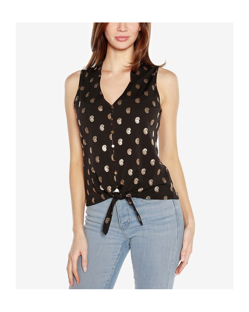 Black Label Petite Paisley Print Tie Front Sleeveless Top Black, Gold $35.20 Tops