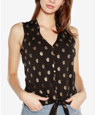 Black Label Petite Paisley Print Tie Front Sleeveless Top Black, Gold $35.20 Tops