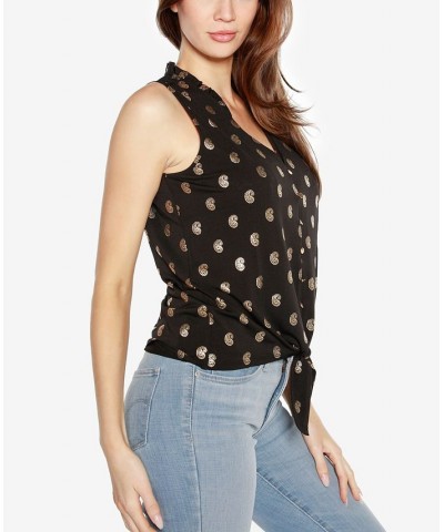 Black Label Petite Paisley Print Tie Front Sleeveless Top Black, Gold $35.20 Tops