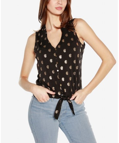 Black Label Petite Paisley Print Tie Front Sleeveless Top Black, Gold $35.20 Tops