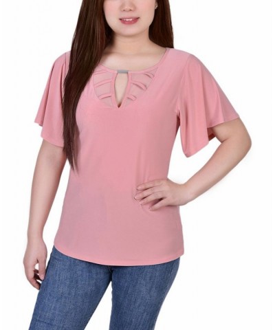 Women's Mesh Flutter Sleeve Knit Top Mellow Rose $17.67 Tops