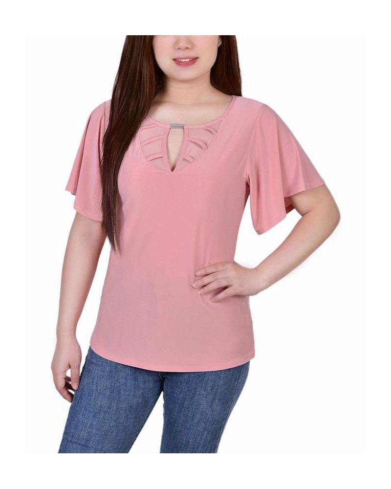 Women's Mesh Flutter Sleeve Knit Top Mellow Rose $17.67 Tops