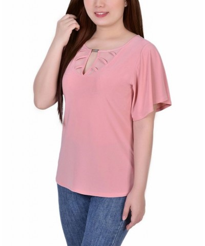 Women's Mesh Flutter Sleeve Knit Top Mellow Rose $17.67 Tops