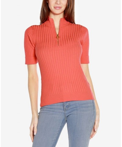 Black Label Petite Size Ribbed Zip Mock Neck Sweater Orange $34.00 Sweaters