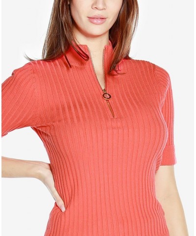 Black Label Petite Size Ribbed Zip Mock Neck Sweater Orange $34.00 Sweaters