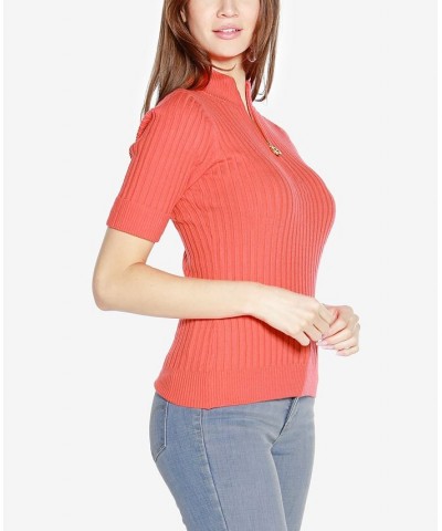 Black Label Petite Size Ribbed Zip Mock Neck Sweater Orange $34.00 Sweaters