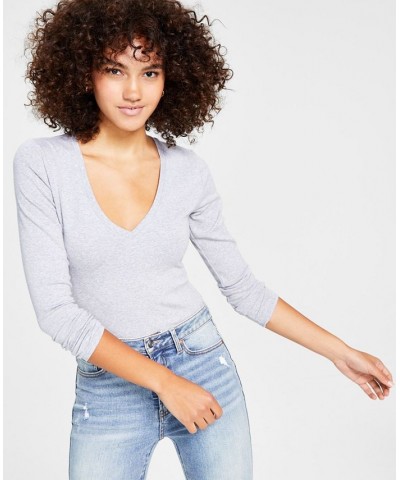 Women's Long-Sleeve V-Neck Bodysuit Silver $12.78 Tops