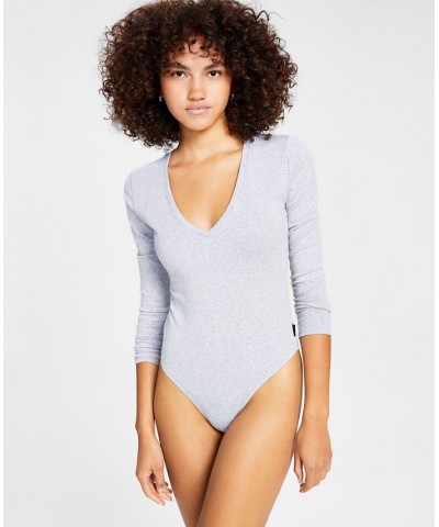 Women's Long-Sleeve V-Neck Bodysuit Silver $12.78 Tops