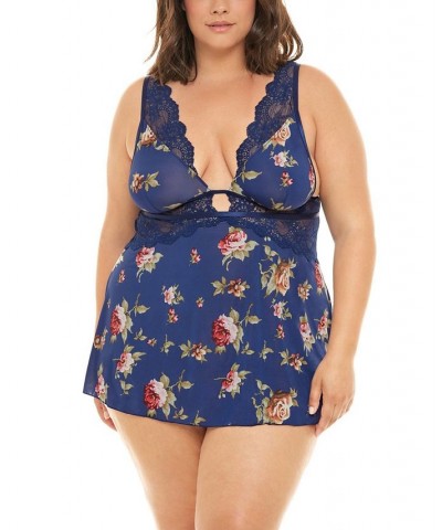 Plus Size Naeva Printed Babydoll with Wide Scallop Lace Details Estate Blue Scattered Ros $22.10 Lingerie