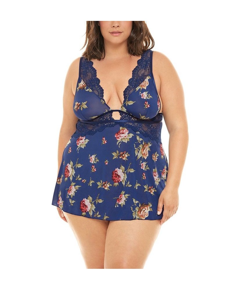 Plus Size Naeva Printed Babydoll with Wide Scallop Lace Details Estate Blue Scattered Ros $22.10 Lingerie