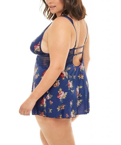 Plus Size Naeva Printed Babydoll with Wide Scallop Lace Details Estate Blue Scattered Ros $22.10 Lingerie