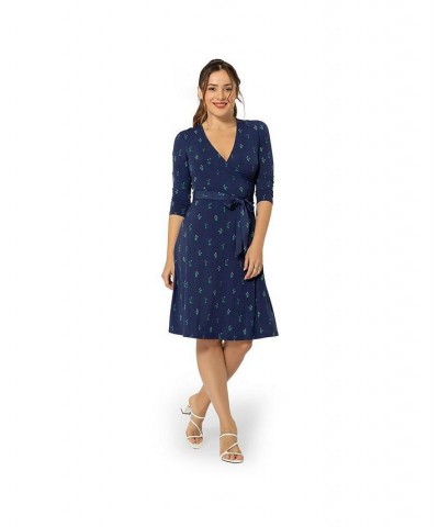 Women's Perfect Wrap 3/4 Sleeve Dress Blue $44.40 Dresses