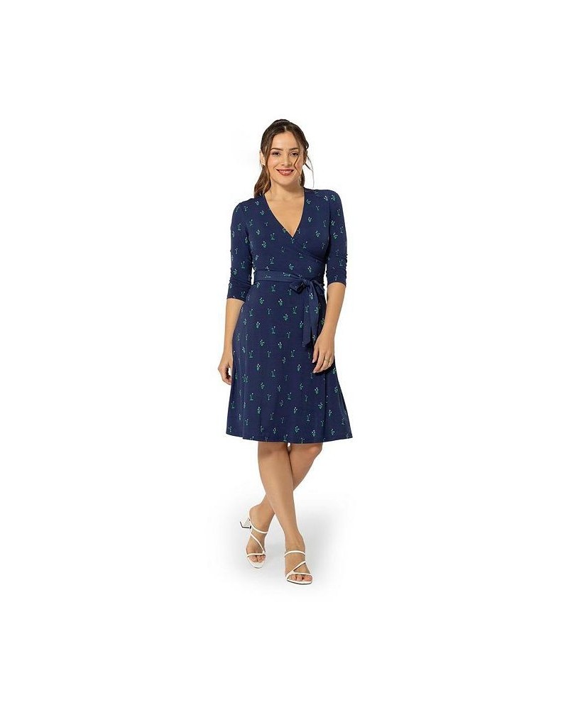 Women's Perfect Wrap 3/4 Sleeve Dress Blue $44.40 Dresses