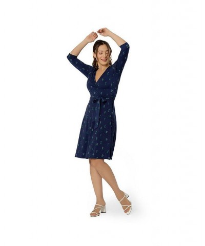 Women's Perfect Wrap 3/4 Sleeve Dress Blue $44.40 Dresses