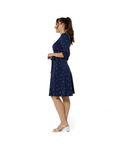 Women's Perfect Wrap 3/4 Sleeve Dress Blue $44.40 Dresses