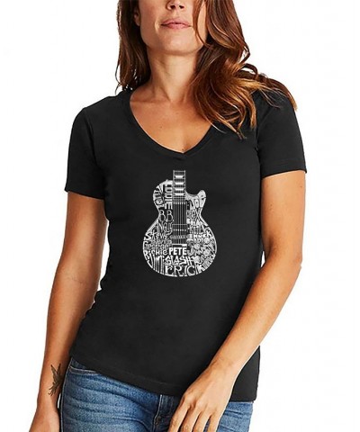 Women's Word Art Rock Guitar Head V-Neck T-Shirt Black $15.75 Tops