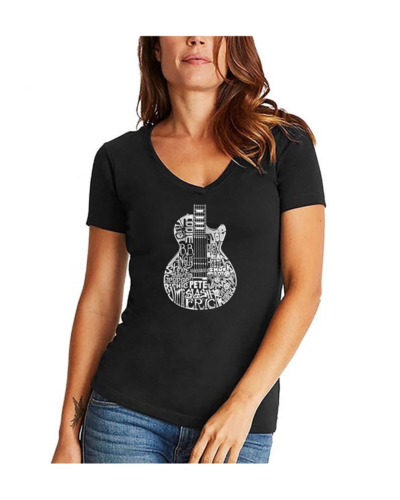 Women's Word Art Rock Guitar Head V-Neck T-Shirt Black $15.75 Tops