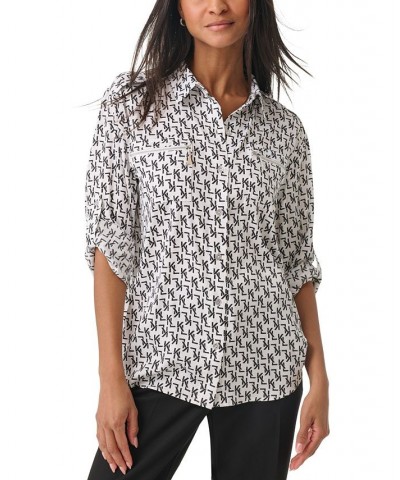 Women's Logo-Print Zip-Pocket Blouse White/ Black Combo $46.77 Tops