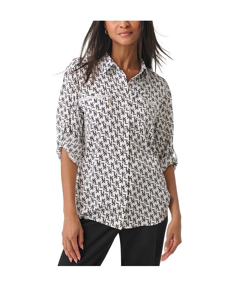 Women's Logo-Print Zip-Pocket Blouse White/ Black Combo $46.77 Tops