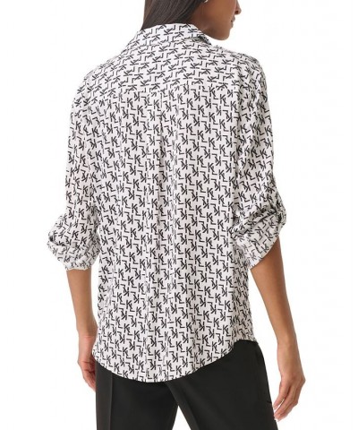 Women's Logo-Print Zip-Pocket Blouse White/ Black Combo $46.77 Tops