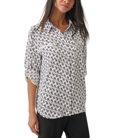 Women's Logo-Print Zip-Pocket Blouse White/ Black Combo $46.77 Tops