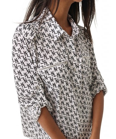 Women's Logo-Print Zip-Pocket Blouse White/ Black Combo $46.77 Tops