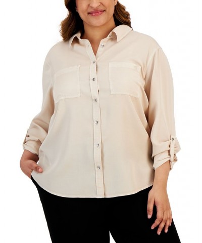 Trendy Plus Size Utility Shirt Tan/Beige $20.40 Tops