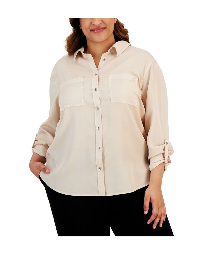 Trendy Plus Size Utility Shirt Tan/Beige $20.40 Tops