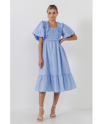 Women's Puff-Sleeved Midi Dress Blue $35.20 Dresses