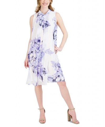 Petite Printed Mock Neck Trapeze Dress White/Blue $43.61 Dresses