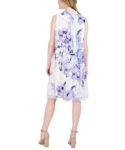 Petite Printed Mock Neck Trapeze Dress White/Blue $43.61 Dresses