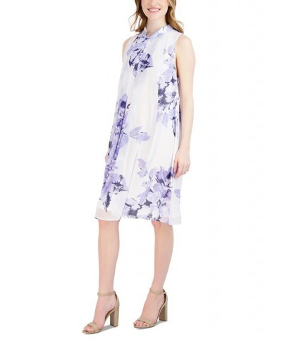 Petite Printed Mock Neck Trapeze Dress White/Blue $43.61 Dresses