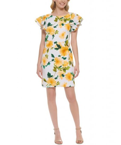 Petite Floral-Print Sheath Dress Yellow White $43.56 Dresses