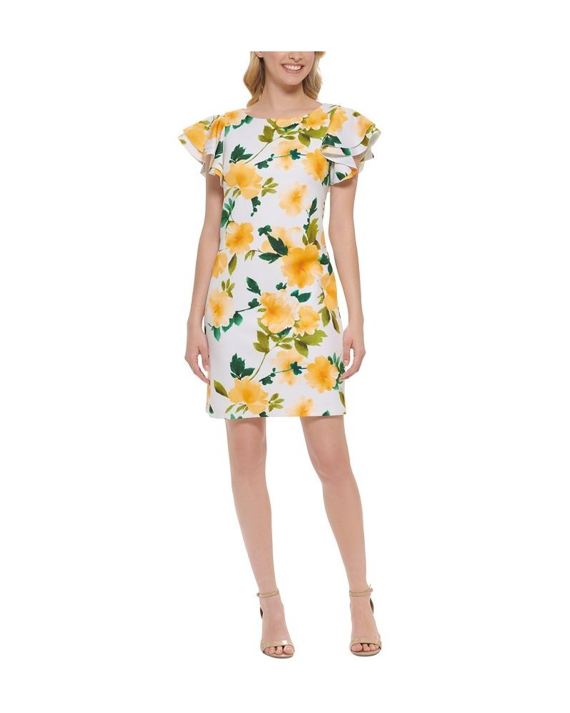 Petite Floral-Print Sheath Dress Yellow White $43.56 Dresses