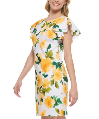 Petite Floral-Print Sheath Dress Yellow White $43.56 Dresses