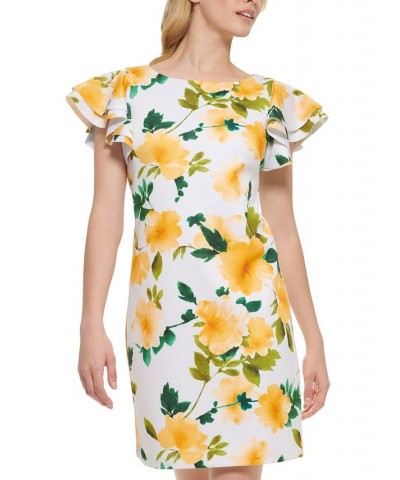 Petite Floral-Print Sheath Dress Yellow White $43.56 Dresses