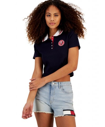 Women's Logo Patch Cropped Polo Shirt Blue $19.32 Tops