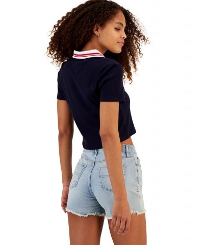 Women's Logo Patch Cropped Polo Shirt Blue $19.32 Tops