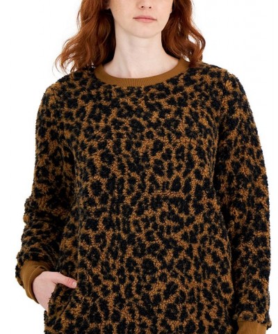 Women's Printed Crewneck Fleece Tunic Brown $9.53 Sweatshirts